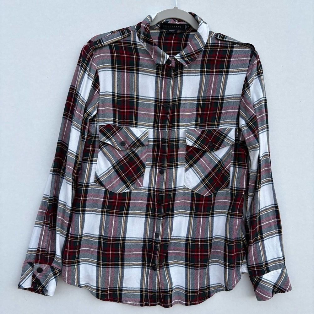Sanctuary Women Boyfriend Plaid Snap Button Up Shirt with Roll Tab Sleeves Small